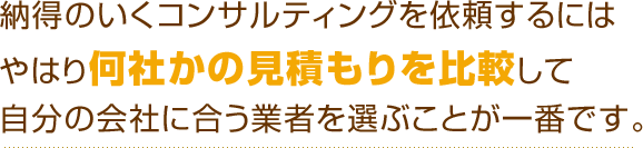 納得のいくコンサルティングを依頼するにはやはり何社かの見積もりを比較して自分の会社に合う業者を選ぶことが一番です。