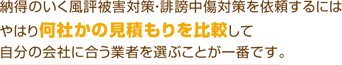 納得のいく風評被害対策・誹謗中傷対策を依頼するにはやはり何社かの見積もりを比較して自分の会社に合う業者を選ぶことが一番です。