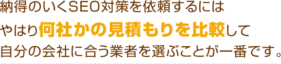 納得のいくSEO対策を依頼するにはやはり何社かの見積もりを比較して自分の会社に合う業者を選ぶことが一番です。